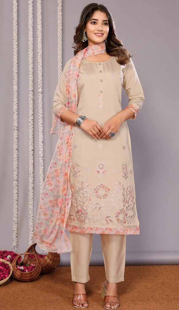 Gorgeous Beige Color Chanderi Fabric Designer Suit