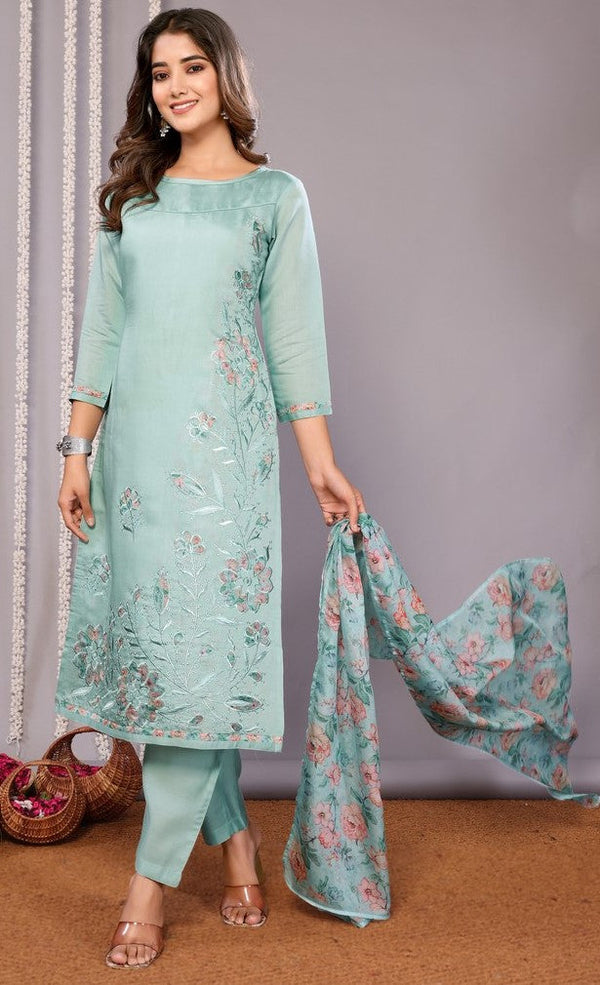Gorgeous Aqua Color Chanderi Fabric Designer Suit