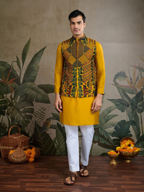 Amazing Yellow Color Viscose Fabric Mens Kurta with Jacket