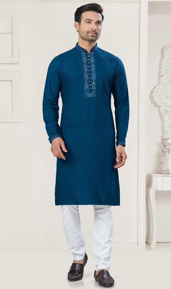 Radiant Teal Color Cotton Fabric Kurta Pajama
