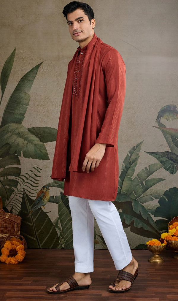 Dazzling Maroon Color Viscose Fabric Mens Kurta with Dupatta