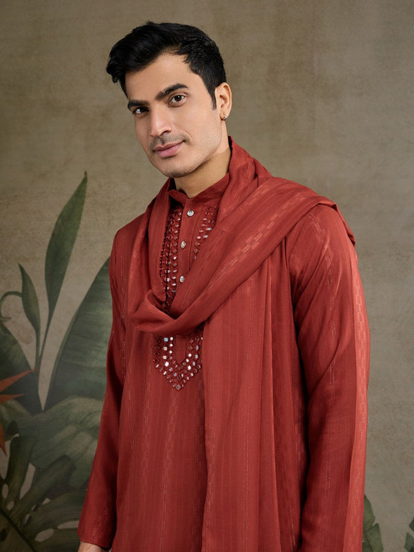 Dazzling Maroon Color Viscose Fabric Mens Kurta with Dupatta