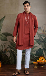 Dazzling Maroon Color Viscose Fabric Mens Kurta with Dupatta