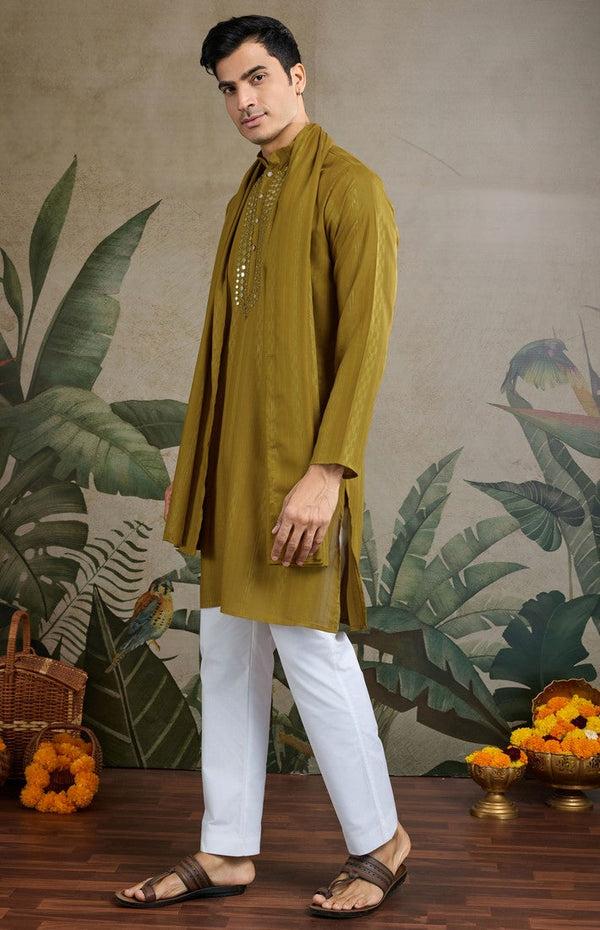 Dazzling Green Color Viscose Fabric Mens Kurta with Dupatta