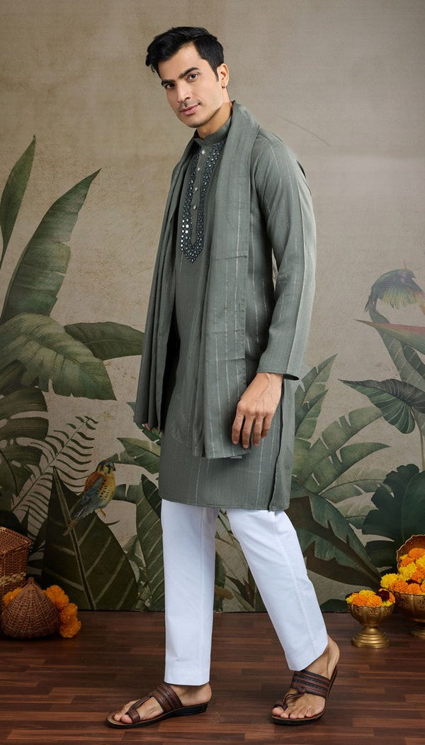 Dazzling Grey Color Viscose Fabric Mens Kurta with Dupatta