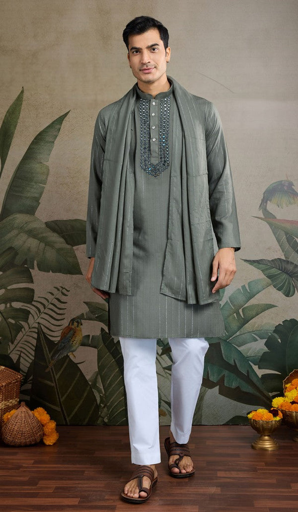 Dazzling Grey Color Viscose Fabric Mens Kurta with Dupatta