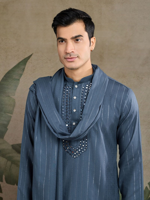 Dazzling Grey Color Viscose Fabric Mens Kurta with Dupatta