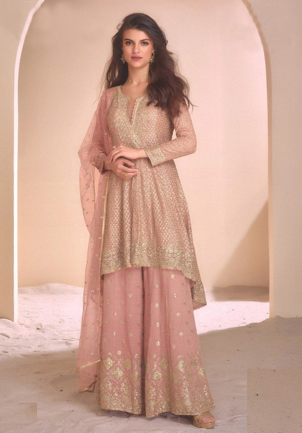 Dazzling Peach Color Georgette Fabric Partywear Suit