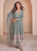 Dazzling Aqua Color Georgette Fabric Partywear Suit
