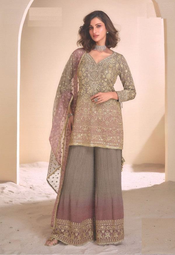 Dazzling Grey Color Georgette Fabric Partywear Suit
