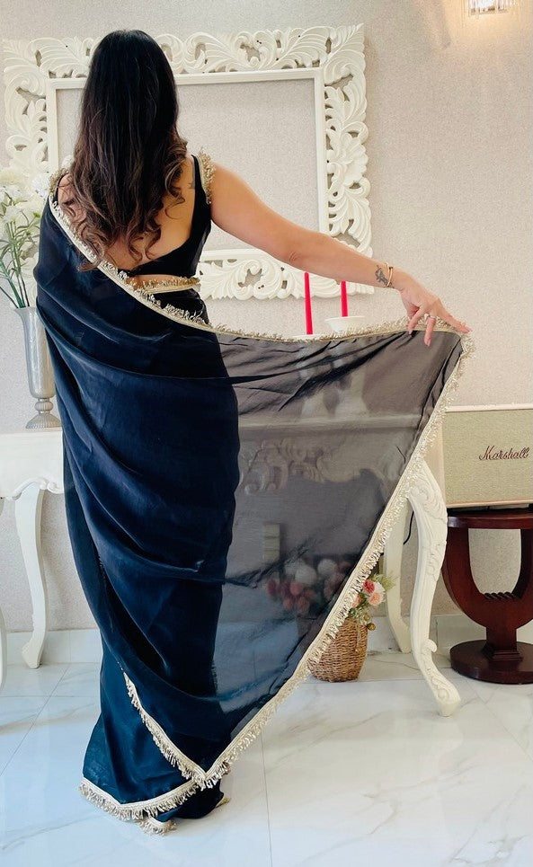 Lovely Black Color Satin Fabric Readymade Saree