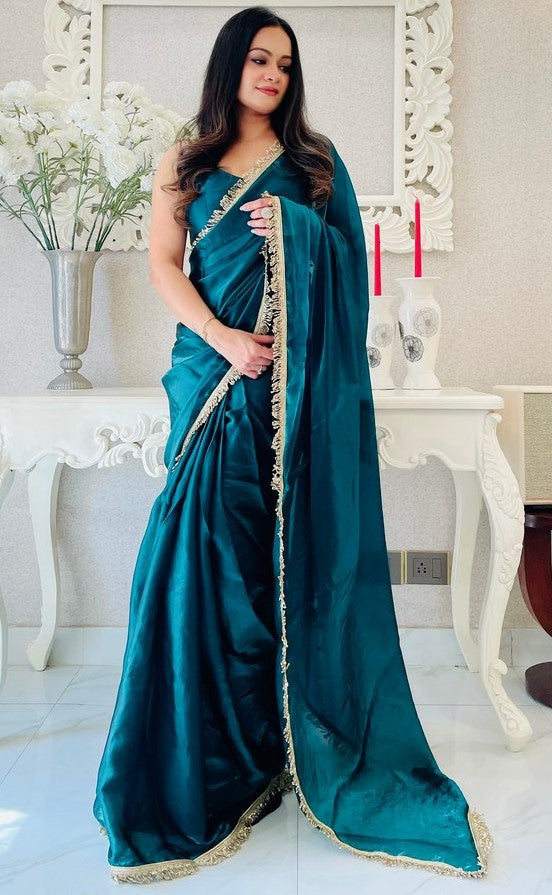 Lovely Teal  Color Satin Fabric Readymade Saree