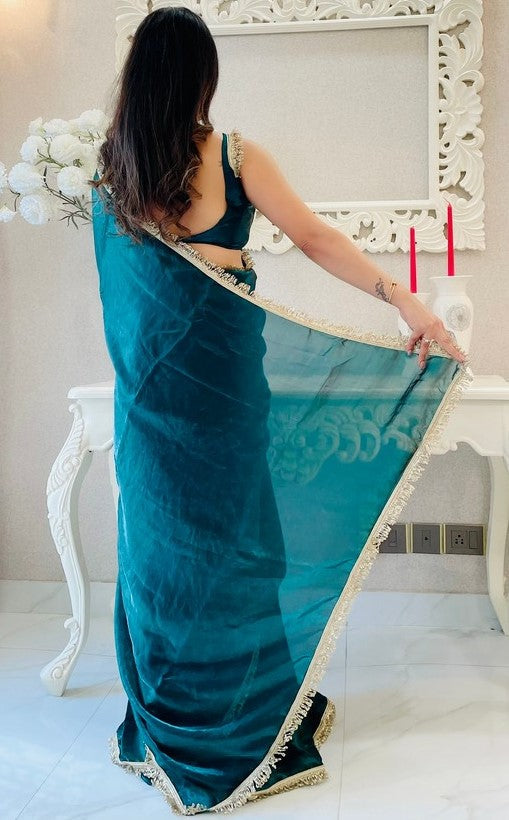 Lovely Teal  Color Satin Fabric Readymade Saree