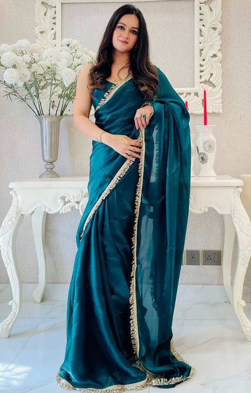 Lovely Teal  Color Satin Fabric Readymade Saree