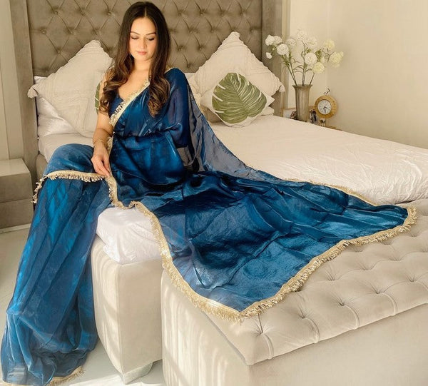 Lovely Teal  Color Satin Fabric Readymade Saree