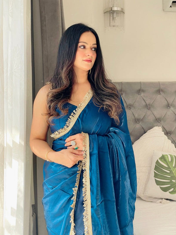 Lovely Teal  Color Satin Fabric Readymade Saree