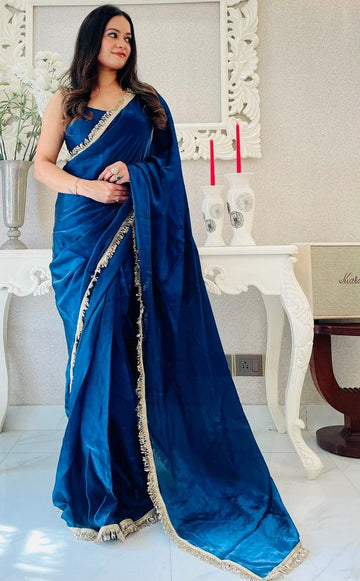 Lovely Teal  Color Satin Fabric Readymade Saree