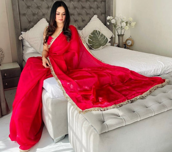 Lovely Red Color Satin Fabric Readymade Saree