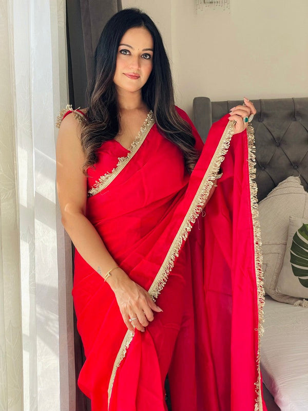 Lovely Red Color Satin Fabric Readymade Saree