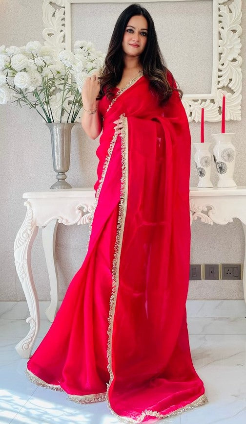 Lovely Red Color Satin Fabric Readymade Saree