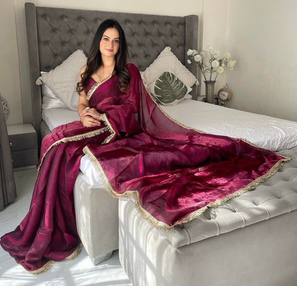 Lovely Wine Color Satin Fabric Readymade Saree