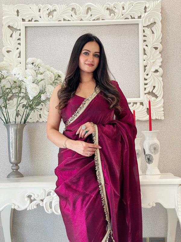 Lovely Wine Color Satin Fabric Readymade Saree