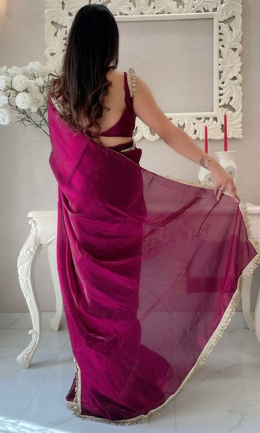 Lovely Wine Color Satin Fabric Readymade Saree