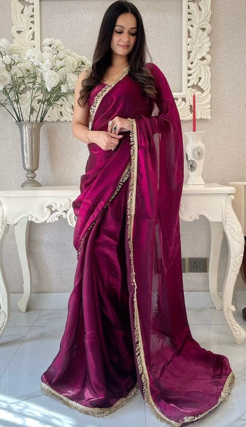 Lovely Wine Color Satin Fabric Readymade Saree