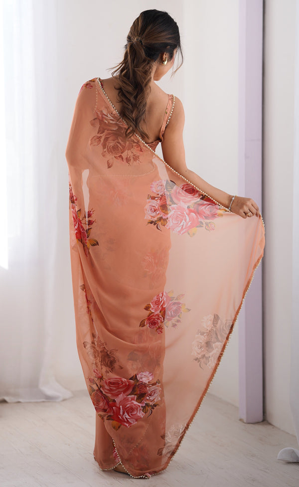 Lovely Peach Color Georgette Fabric Casual Saree