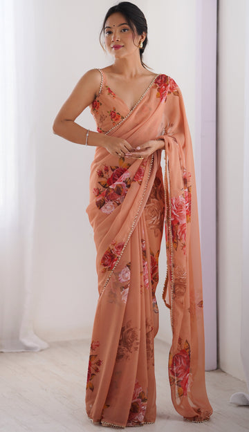 Lovely Peach Color Georgette Fabric Casual Saree