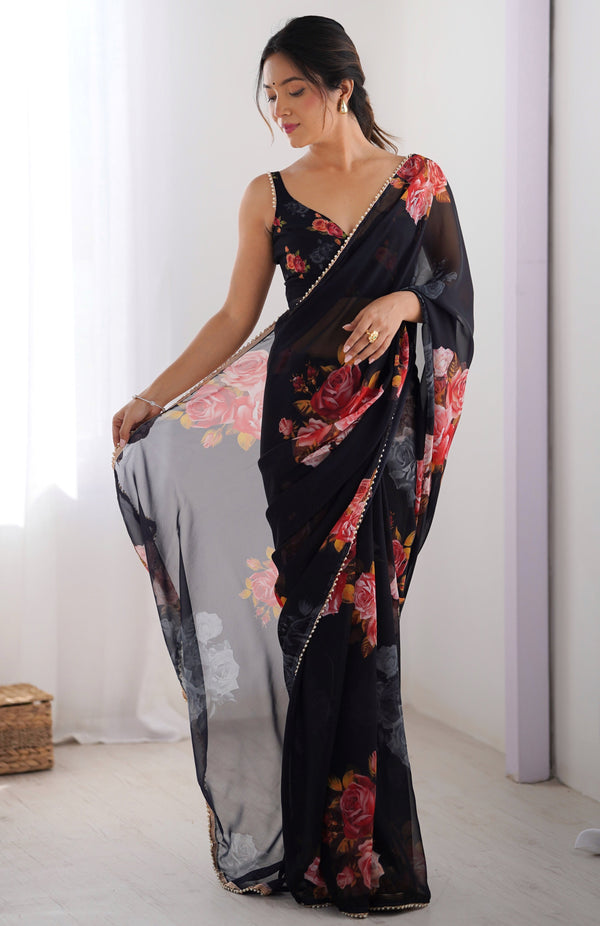 Lovely Black Color Georgette Fabric Casual Saree