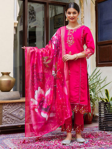 Dazzling Pink Color Viscose Fabric Designer Suit