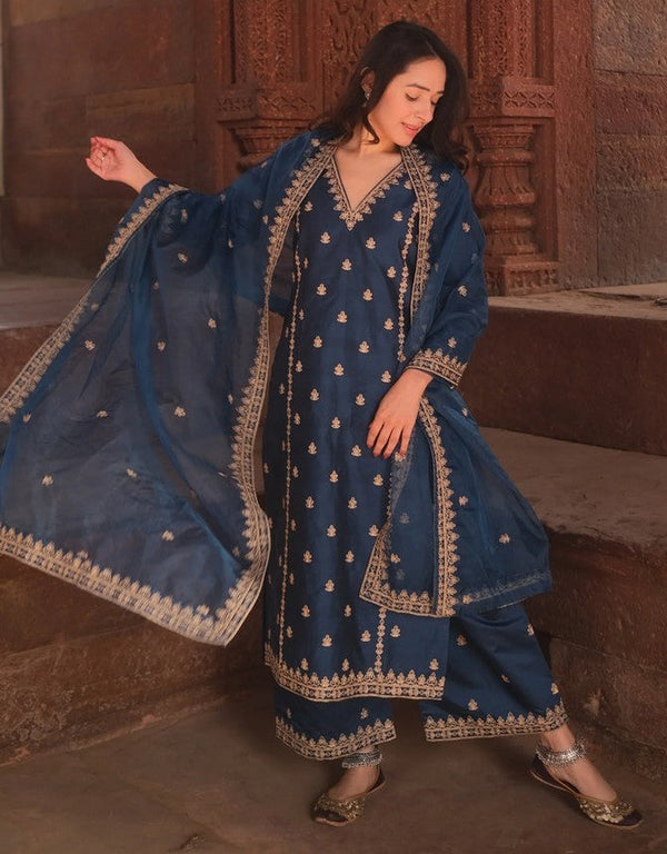 Divine Teal Color Viscose Fabric Designer Suit