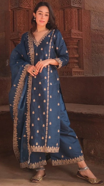 Divine Teal Color Viscose Fabric Designer Suit