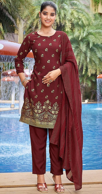 Divine Maroon Color Crepe Fabric Designer Suit