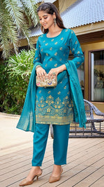 Divine Turquoise Color Crepe Fabric Designer Suit