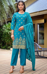 Divine Turquoise Color Crepe Fabric Designer Suit