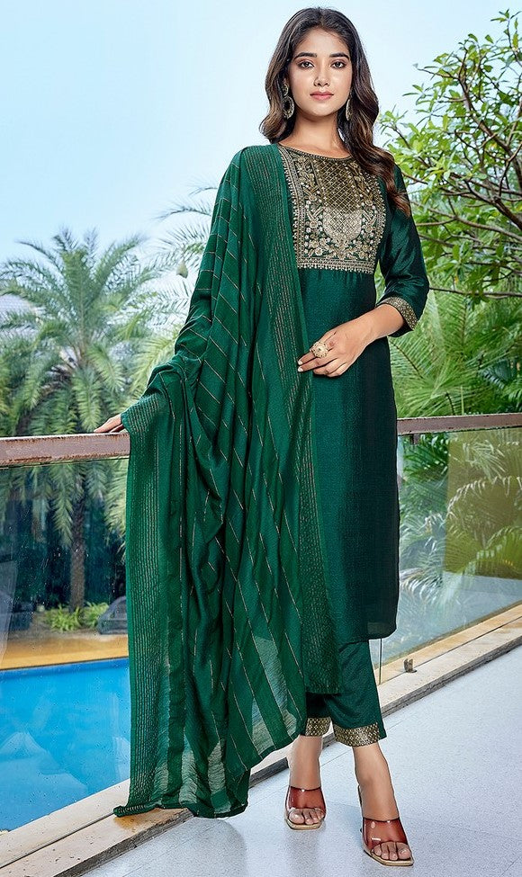 Divine Green Color Silk Fabric Designer Suit