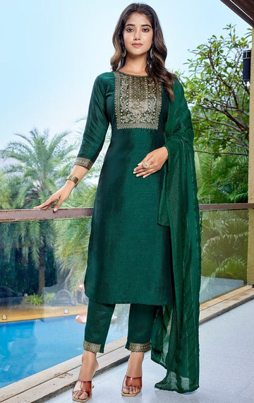 Divine Green Color Silk Fabric Designer Suit