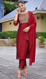 Divine Red Color Silk Fabric Designer Suit