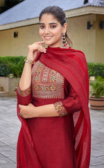 Divine Red Color Silk Fabric Designer Suit