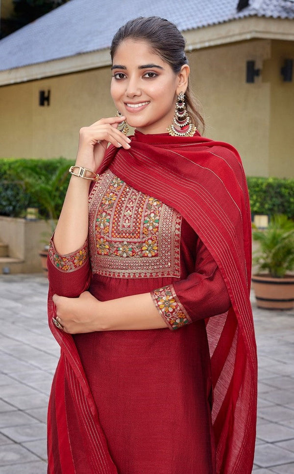 Divine Red Color Silk Fabric Designer Suit