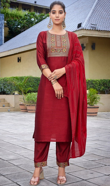 Divine Red Color Silk Fabric Designer Suit