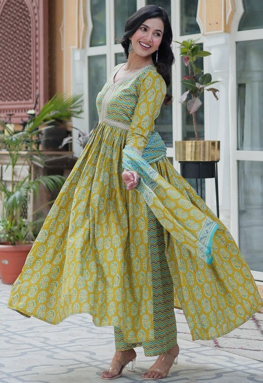 Amazing Green Color Cotton Fabric Designer Suit