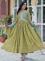Amazing Green Color Cotton Fabric Designer Suit