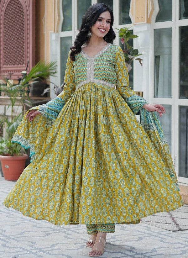 Amazing Green Color Cotton Fabric Designer Suit