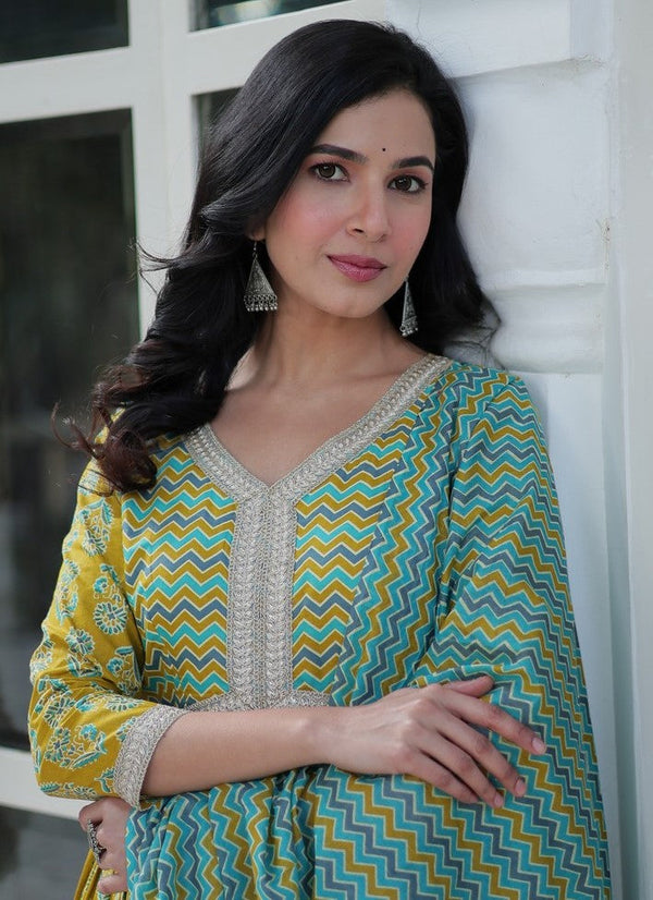 Amazing Green Color Cotton Fabric Designer Suit