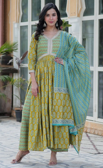 Amazing Green Color Cotton Fabric Designer Suit