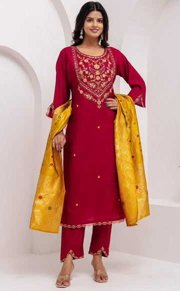 Divine Maroon Color Viscose Fabric Designer Suit