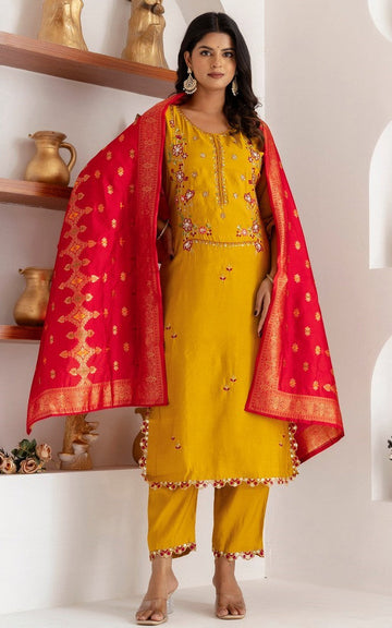 Divine Yellow Color Viscose Fabric Designer Suit